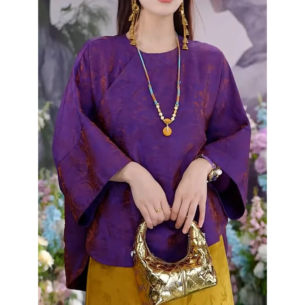 端庄优雅七分袖衬衣2025夏季新款高级感洋气名媛风提花圆领衬衫女