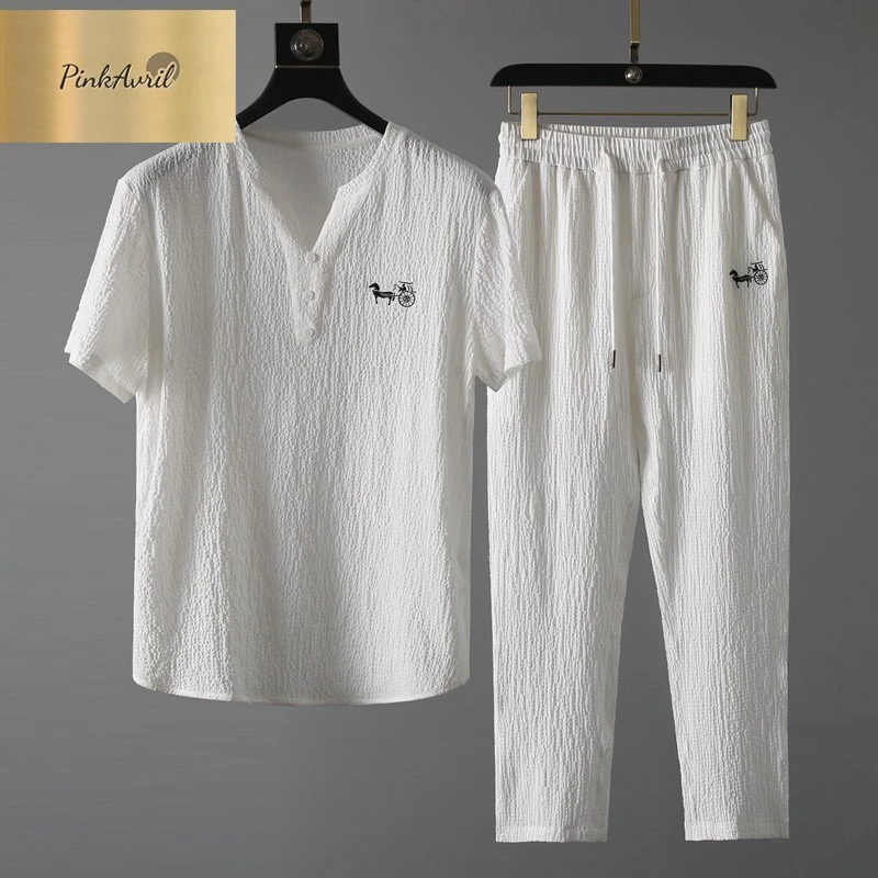 PinkAvril2025新款薄休闲运动套装男夏季 中国风高端V领刺绣修身