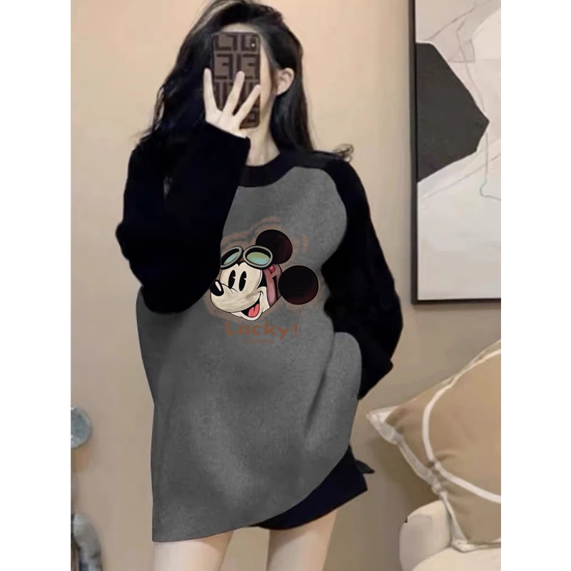 德绒磨毛保暖中长款遮屁股插肩拼接撞色长袖t恤女宽松打底衫秋冬