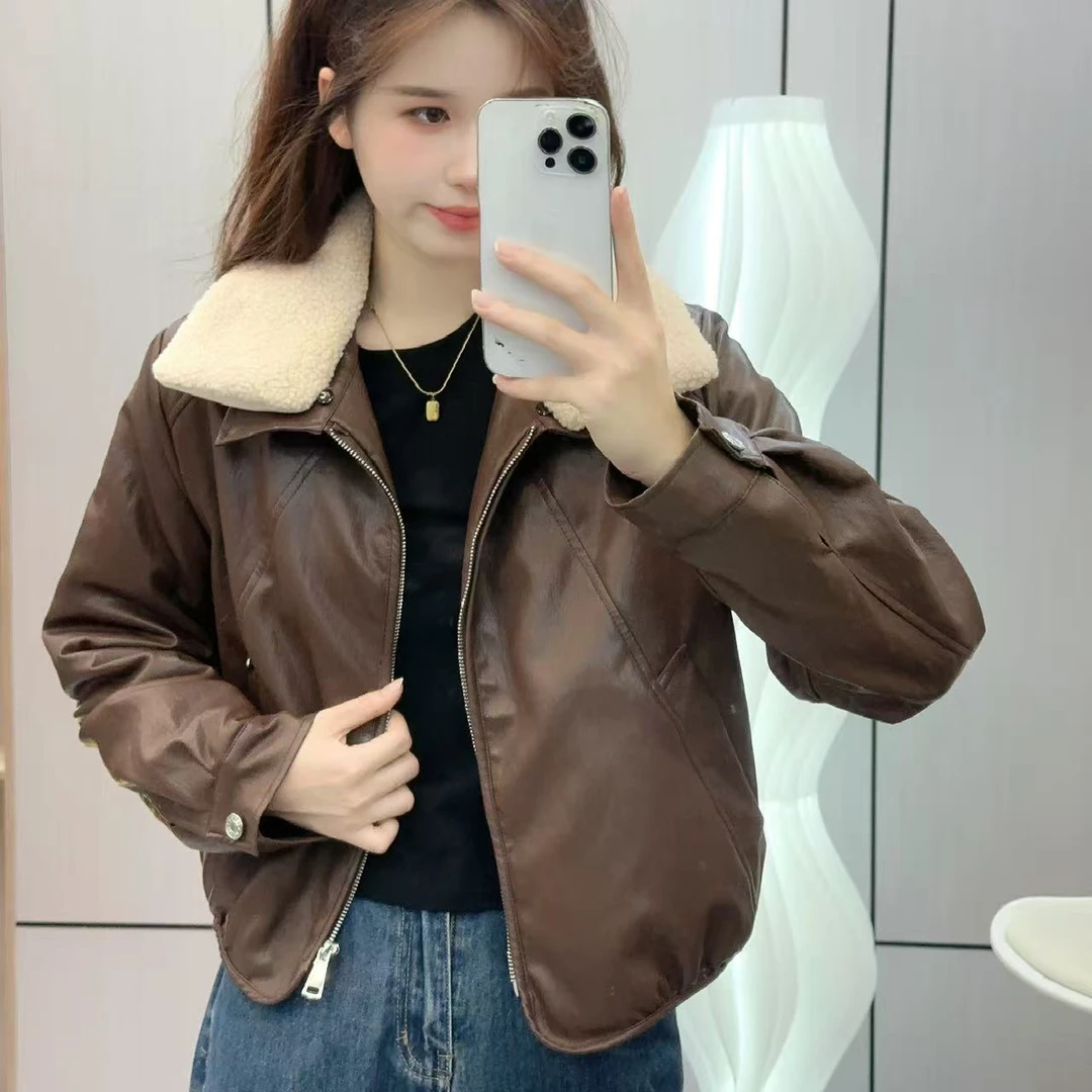 7679 秋冬新款加绒毛领皮衣外套（毛领可拆卸）