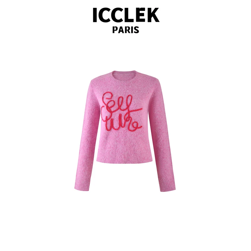 ICC 粉色圆领连笔字套头针织衫 长袖 名媛 -5098