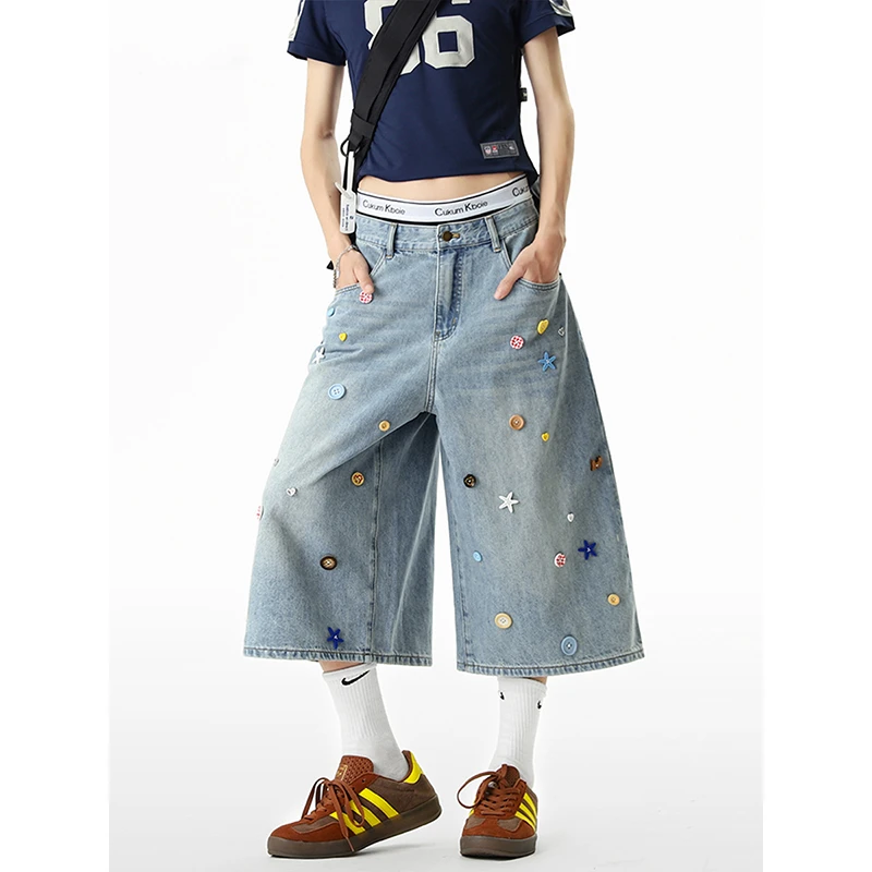 美式设计彩色纽扣牛仔七分裤女夏季bf街头宽松休闲直筒阔腿中裤潮