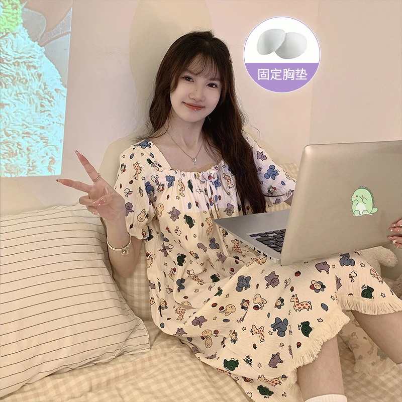 带胸垫睡衣女款爆款2025新款夏季短袖薄款宽松甜美夏天中长款睡裙