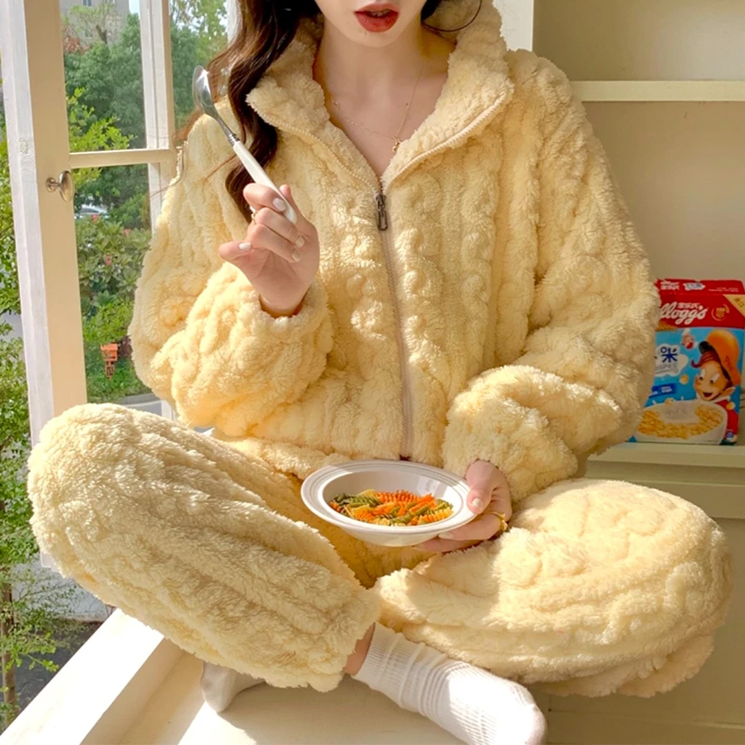 2024新款秋冬季爆款女加绒加厚毛绒宽松大码家居服可外穿韩版