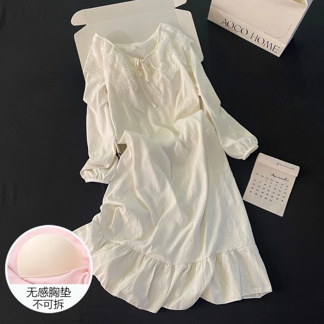 睡裙女夏季长袖睡衣网红风大码舒适带胸垫2025新款杏色薄款家居服