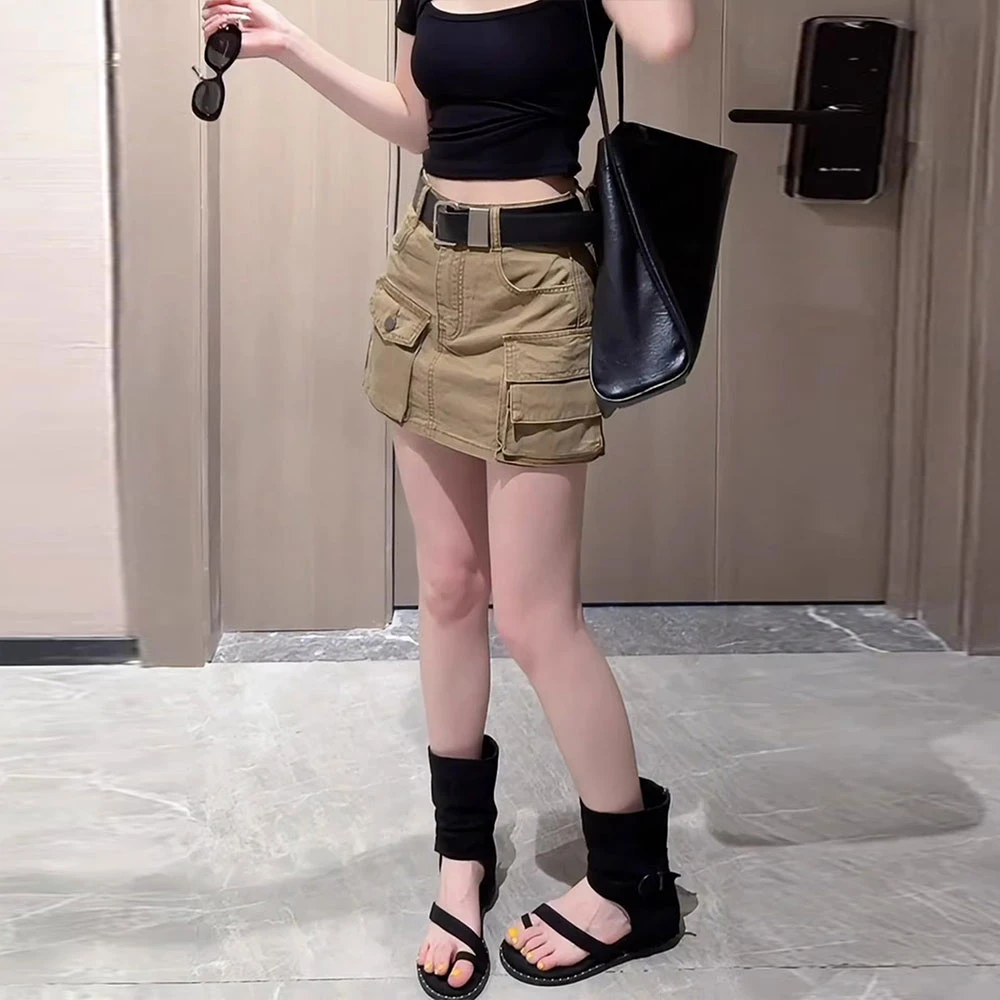 2025新款美式辣妹高腰半身裙卡其色个性口袋工装牛仔短裙女夏薄款