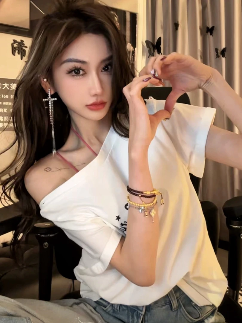 美式白色印花短袖T恤女设计感小众宽松百搭上衣