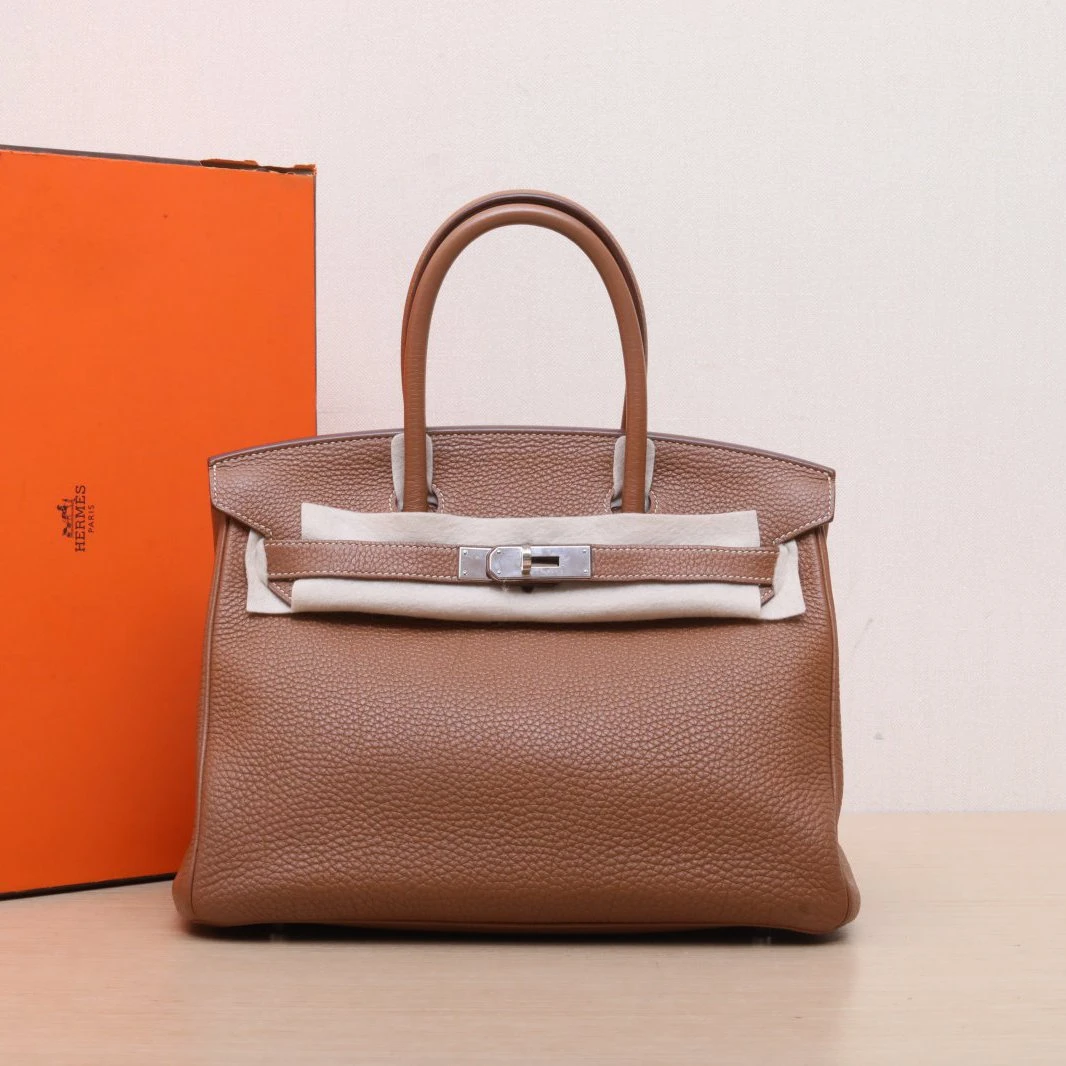 95新 Hermes/爱马仕 小花6欢 Birkin 30 金棕Togo皮框Q 银扣包