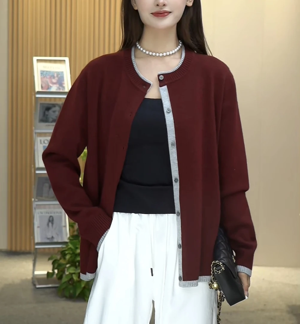 【GZFR】秋季新撞色双层领外套气质百搭宽松圆领针织小香风羊毛开衫