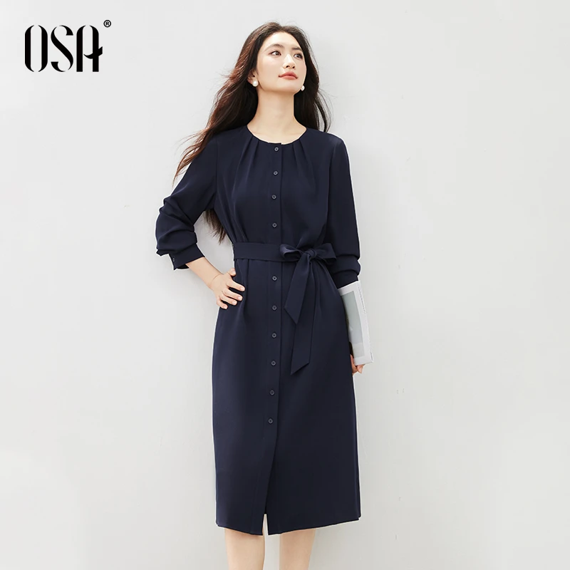 OSA/欧莎 法式风琴褶圆领连衣裙女高级感收腰显瘦长裙S125C13006