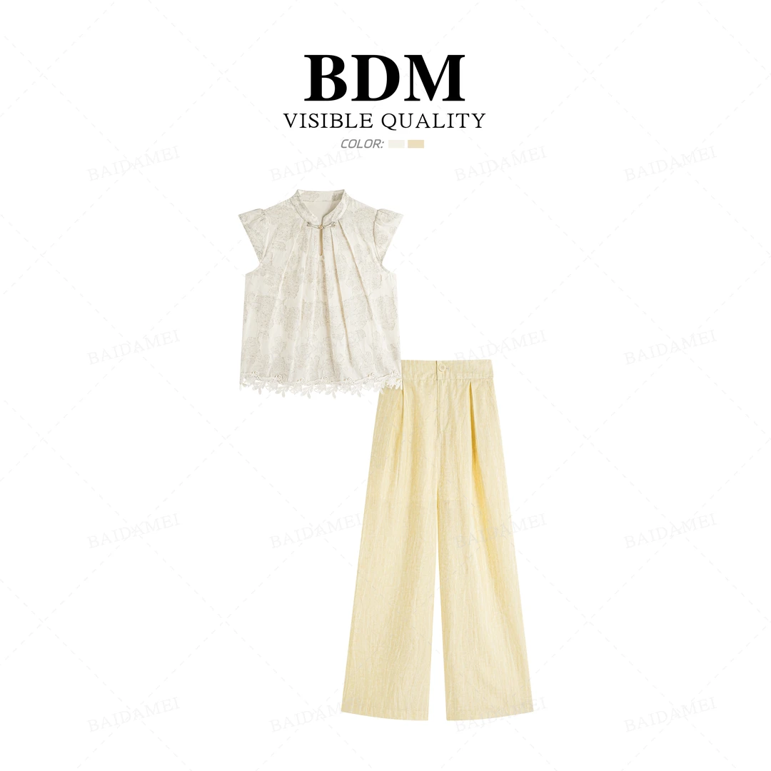 佰搭美2025夏新款新中式松弛感花边短袖+简约阔腿长裤两件套2596