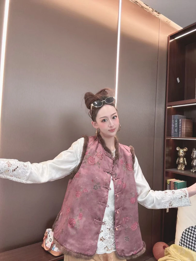 “小粉花”沐木原创秋冬国风气质款香云纱貂毛棉马甲16123-4