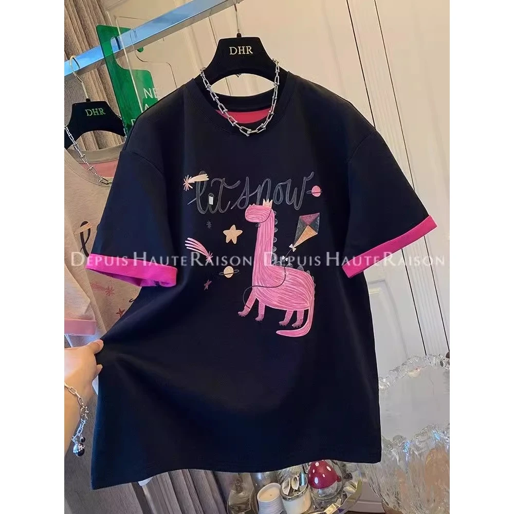 夏季特大码240斤欧货撞色恐龙休闲短袖T恤女宽松设计师圆领上衣女