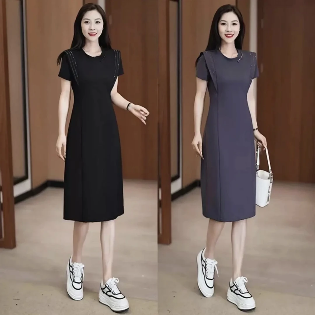 拉夏贝尔中长款休闲连衣裙女夏季2025新款时尚洋气质显瘦t恤裙子