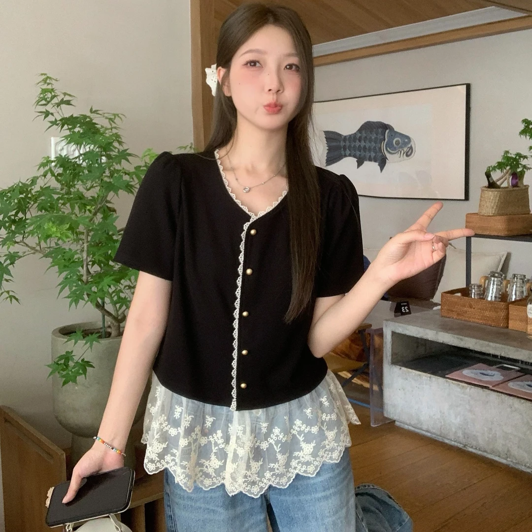 2025夏季新胖mm大码法式蕾丝拼接衬衫高级感小香风上衣出游服装女