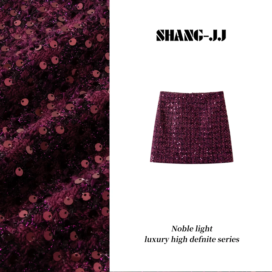 SHANG-JJ【紫色浪漫】25ss新品羊毛花式纱混纺亮片半身裙q133527p