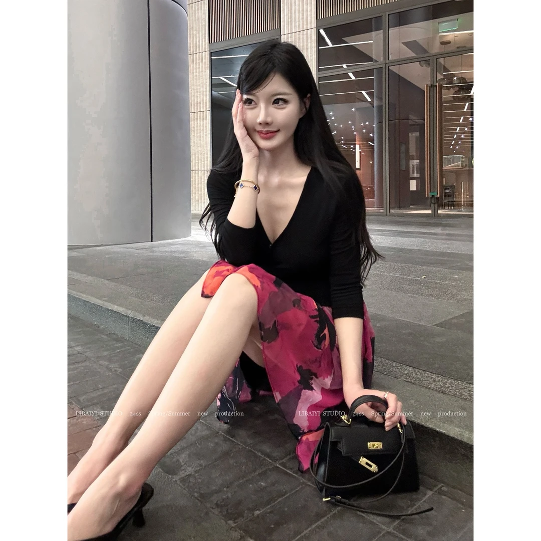 LIBAIYI 古早姐姐/V领拼色一片式七分袖显腰身花色连衣裙 1595