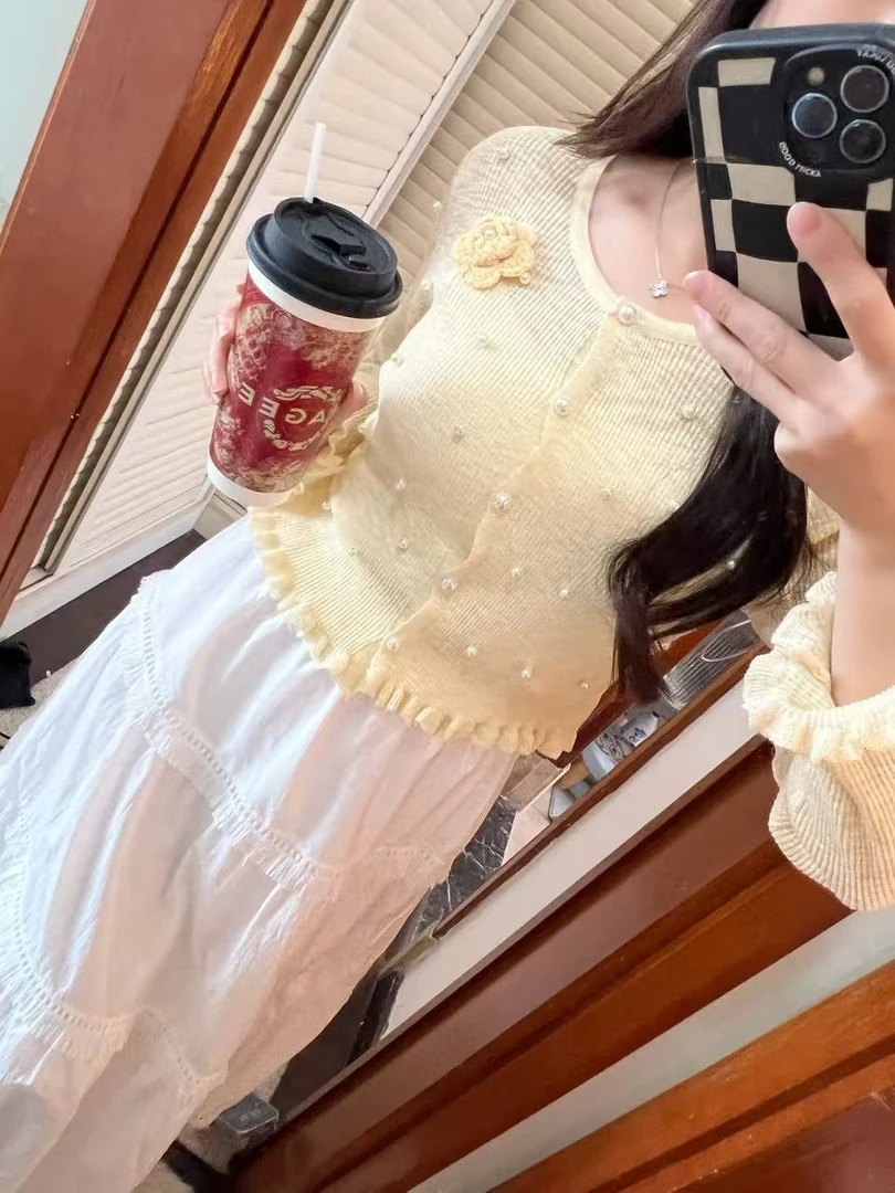 短款小香风初夏防晒珍珠针织防晒百搭洋气时尚甜美上衣三色可选