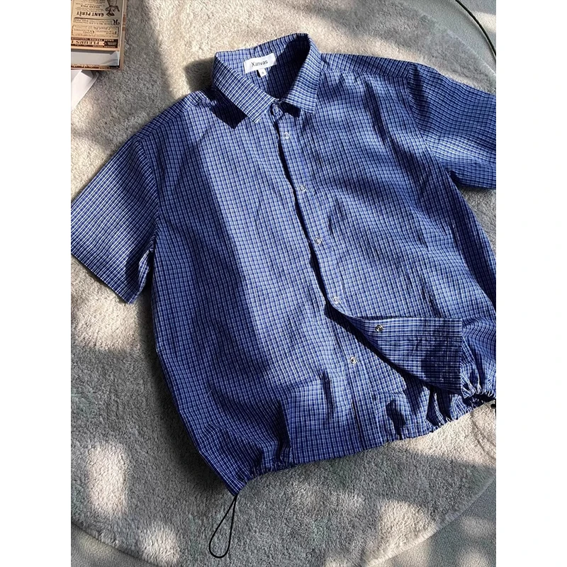 蓝色抽绳束腰格纹短袖衬衫男款夏季cleanfit高街痞帅百搭衬衣外套
