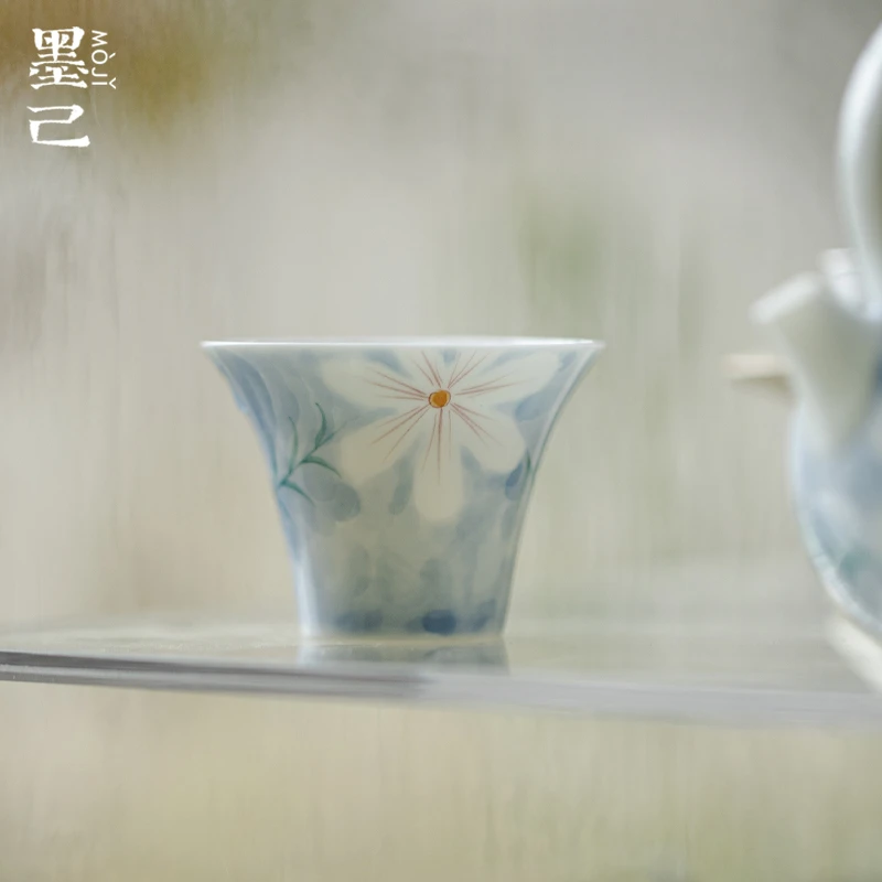 墨己玉泥手绘墨染蓝色陶瓷盖碗功夫茶具家用仿烫文人器泡茶碗