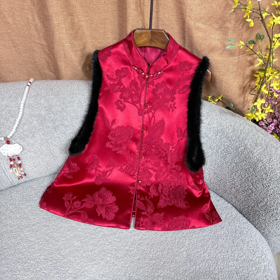 【尚流】新中式国风桑蚕丝水貂毛提花马甲女装四季百搭SH0096（996）