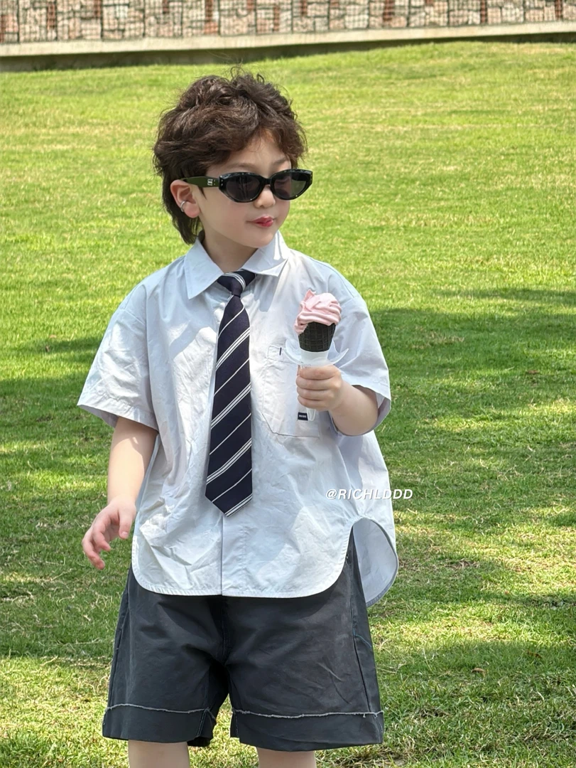【现货】卤蛋童装：波特利学院/蓝衬衫2025夏韩系休闲男童衬衫25276