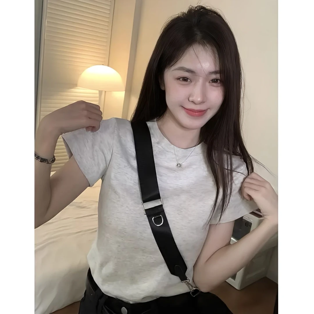 美式正肩圆领短袖T恤女2025年夏季新款纯色体恤洋气百搭纯棉上衣