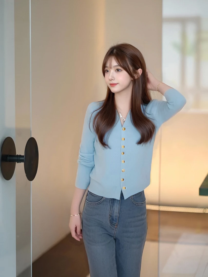 早春新款小香风V领开衫上衣时尚百搭慵懒气质纯色针织长袖女1060