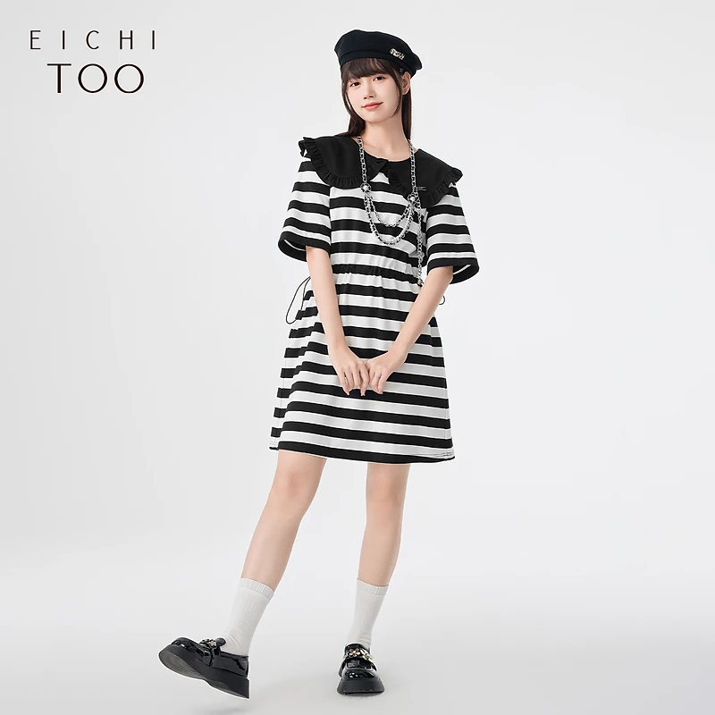 爱居兔夏季花瓣领条纹拼接收腰短袖连衣裙EQLBJ2N003A