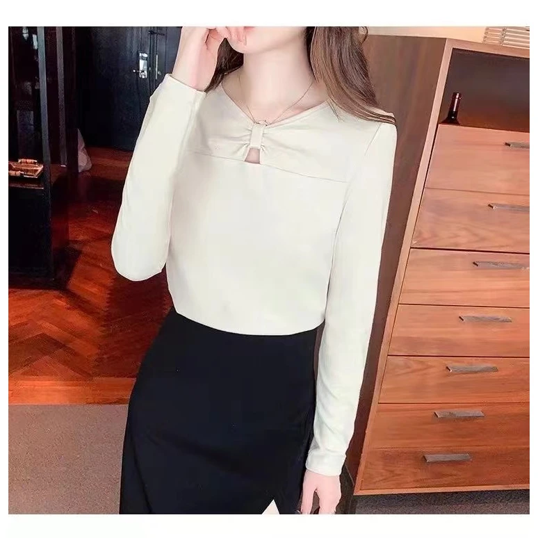 打底衫春秋显瘦蝴蝶结法式缕空长袖女服德绒百搭洋气保暖上衣小个