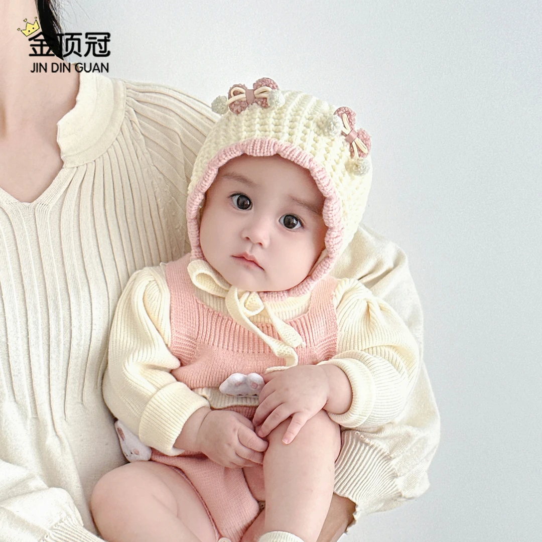 宝宝帽子冬天毛线帽婴幼儿小月龄甜美公主加厚保暖防风针织护耳帽