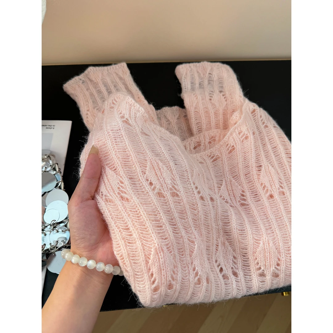 真心舒服!巨推荐!水蜜桃粉软糯镂空针织衫女法式气质显瘦宽松毛衣