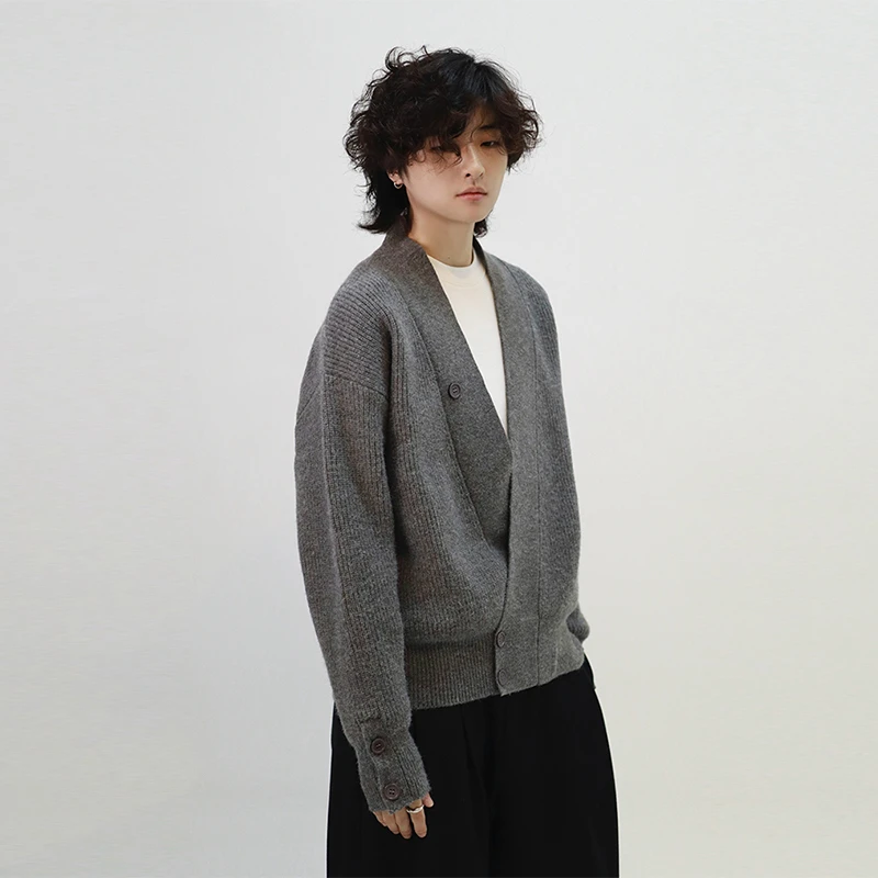 Lid solo秋冬新款大V领斜门襟针织开衫毛衣慵懒百搭外套 男女同款