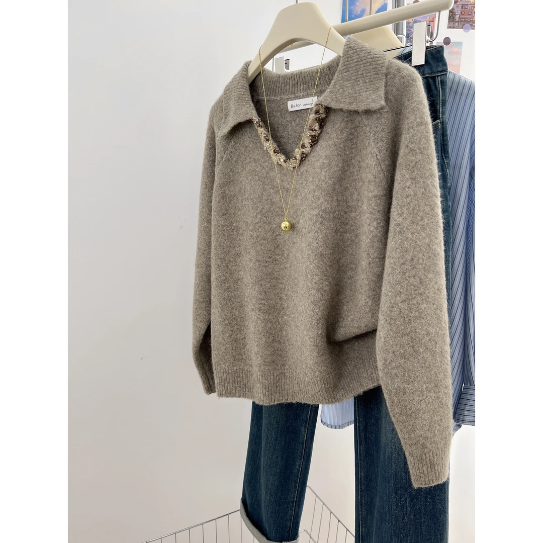 法式轻奢风加厚毛衣女2025秋冬新款休闲慵懒风显瘦V领上衣打底衫