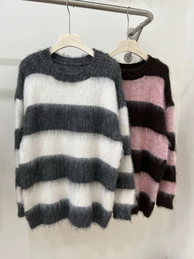 东大门套头条纹毛衣女秋冬季马海毛拉毛针织外穿宽松慵懒2025新款