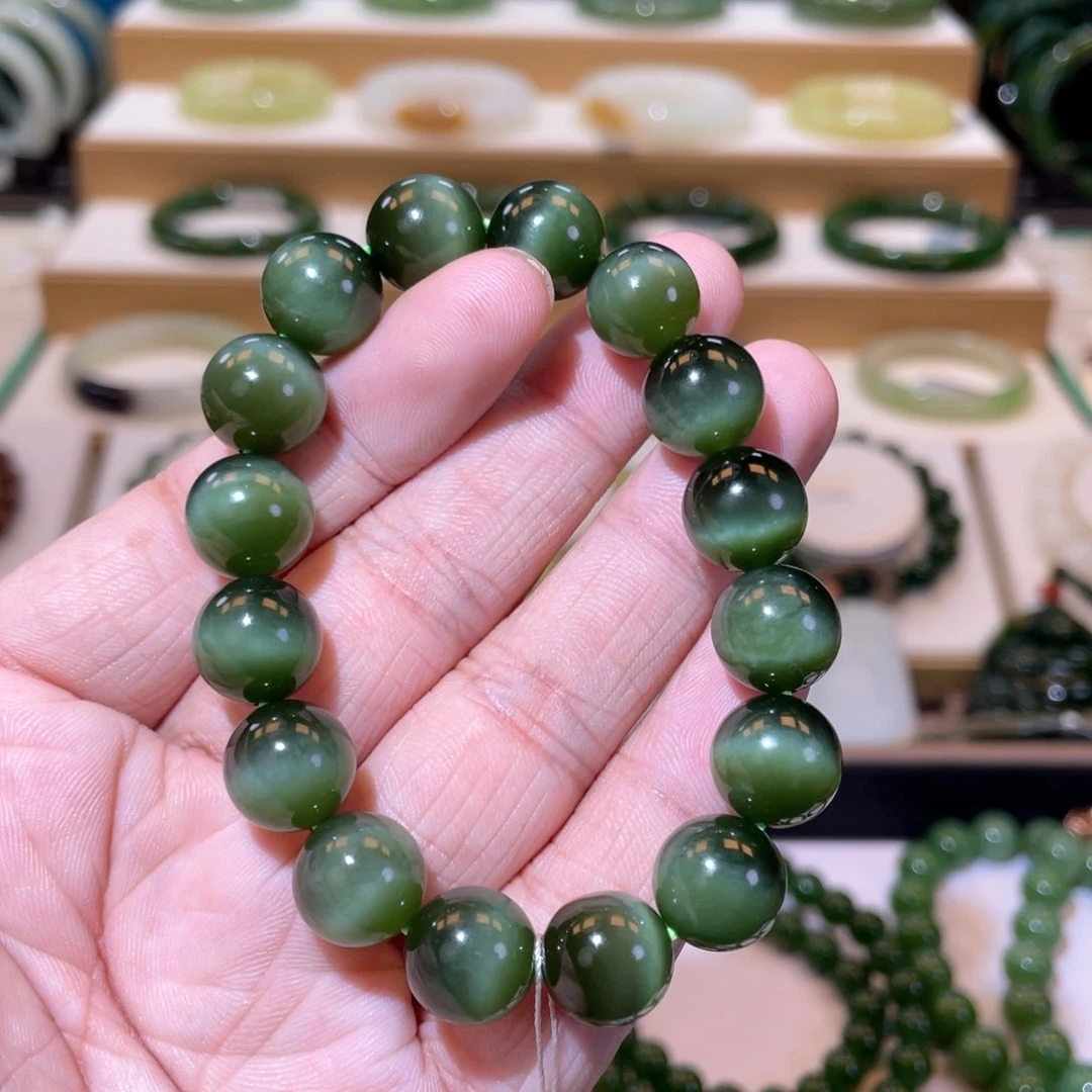 和田玉收藏级碧玉黑猫眼手串卡12未镶嵌