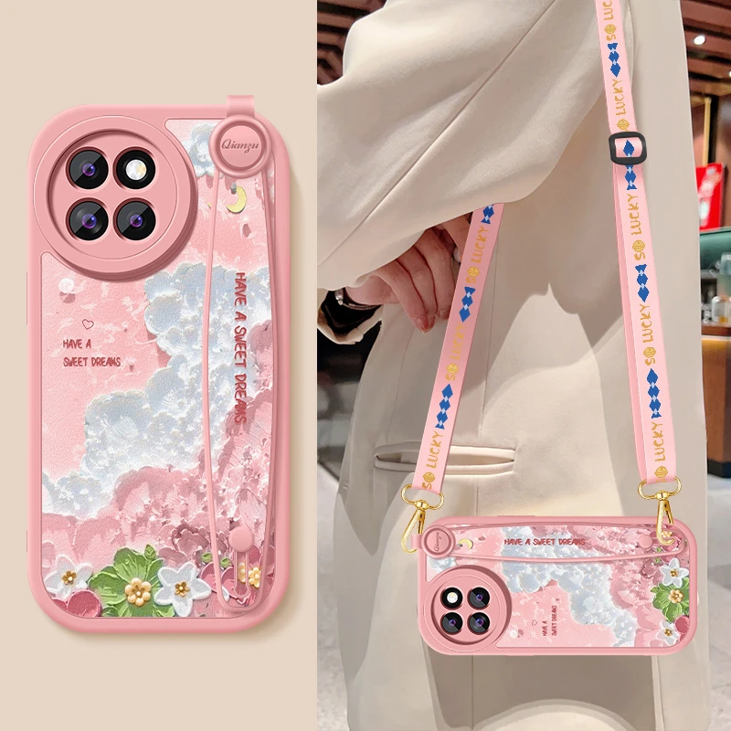 油画花朵小米civi4pro手机壳新款Xiaomi斜挎腕带小羊皮挂绳保护套