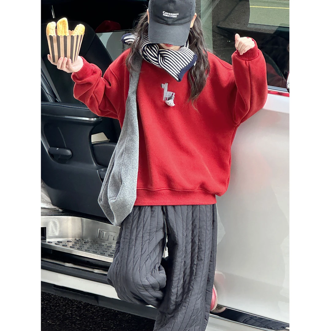 K30338孙小美流苏刺绣女童加绒卫衣秋冬装儿童加厚上衣2025新款红