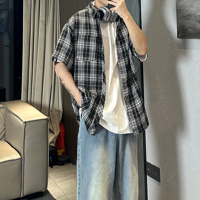 美式复古短袖衬衫男生夏季痞帅百搭叠穿潮牌宽松五分半袖衬衣外套