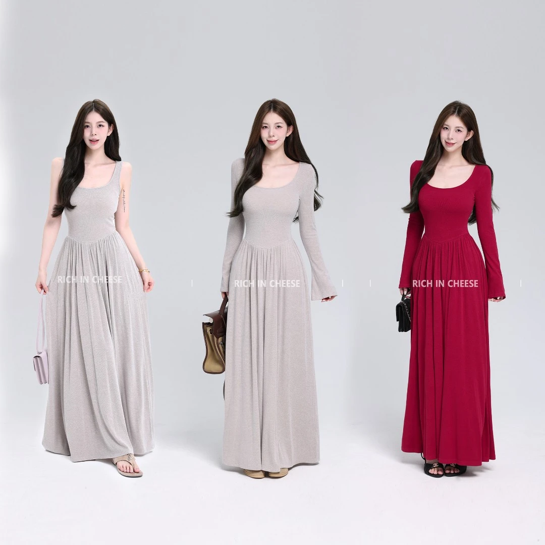 舒胡蕾 素简主义 秋季方领简约大气显瘦针织背心垂感收腰连衣裙