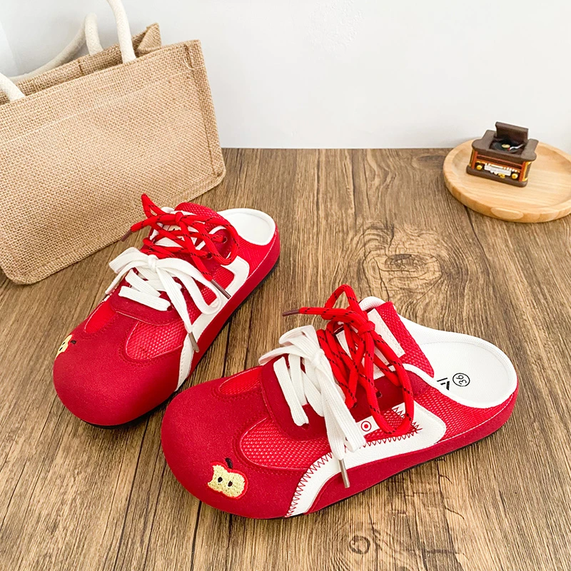 红色包头半拖泡芙鞋女2025夏新款2606网面透气一脚蹬无后跟勃肯鞋