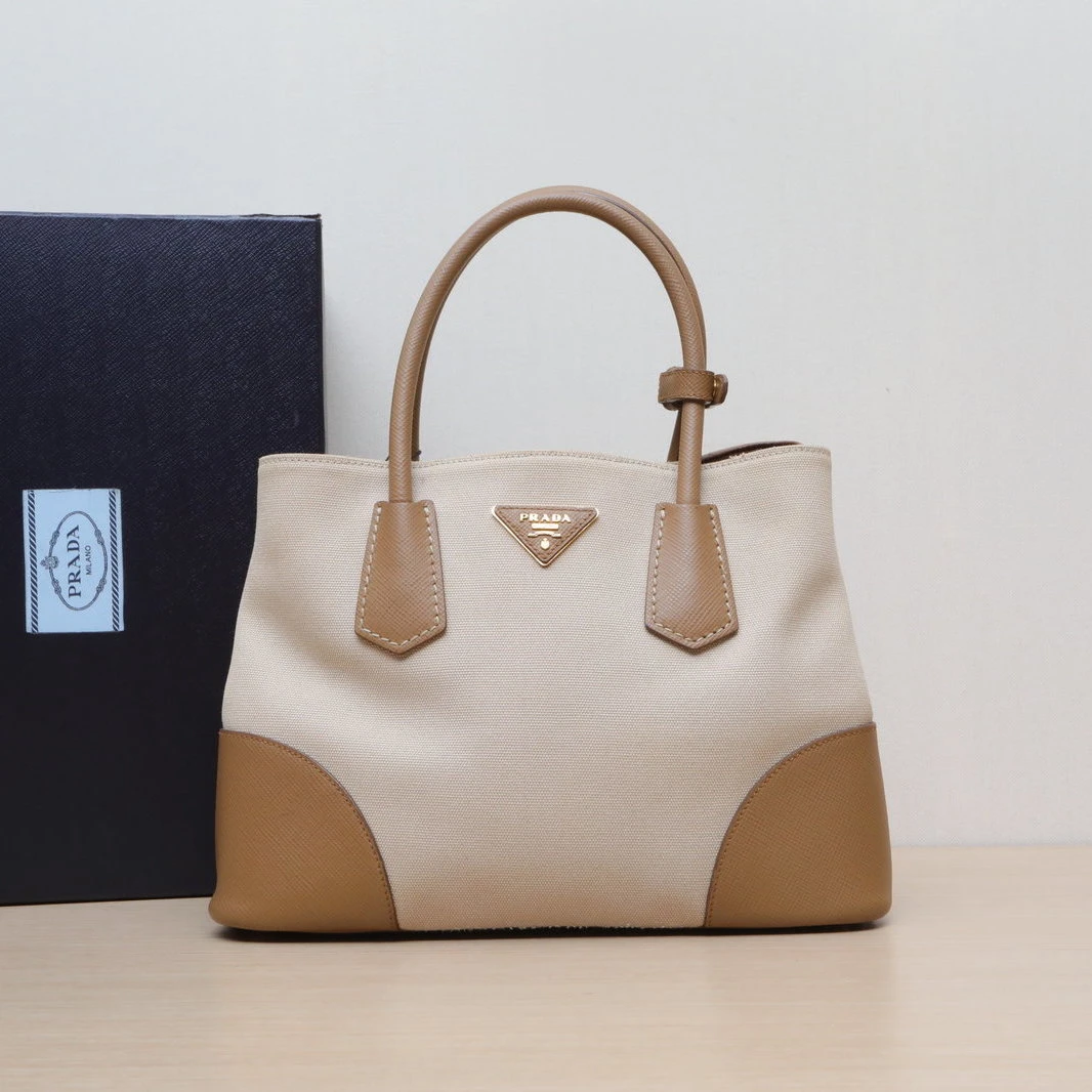 95新 Prada/普拉达 【小花黑黑】手提单肩包 小号 卡其色 金扣