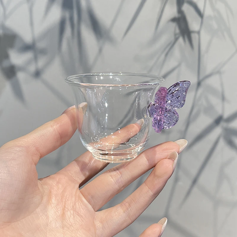 奉茗 小清新高硼硅玻璃紫色蝴蝶铃铛杯耐热茶杯个人专用茶盏品杯