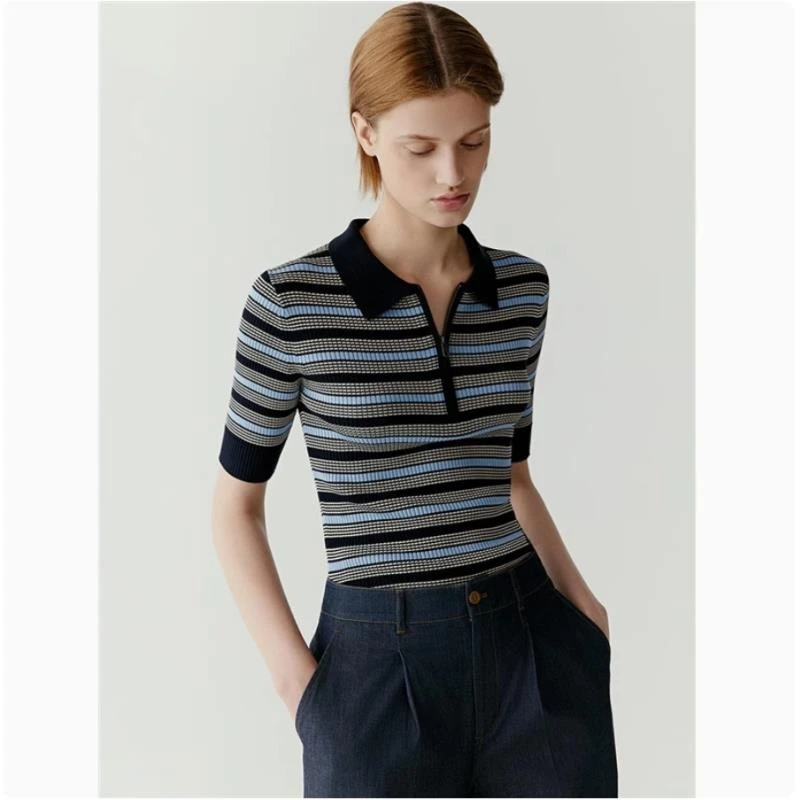 春夏新款扬子纱翻领条纹短袖拉链针织短袖针织衫夏季薄款显瘦