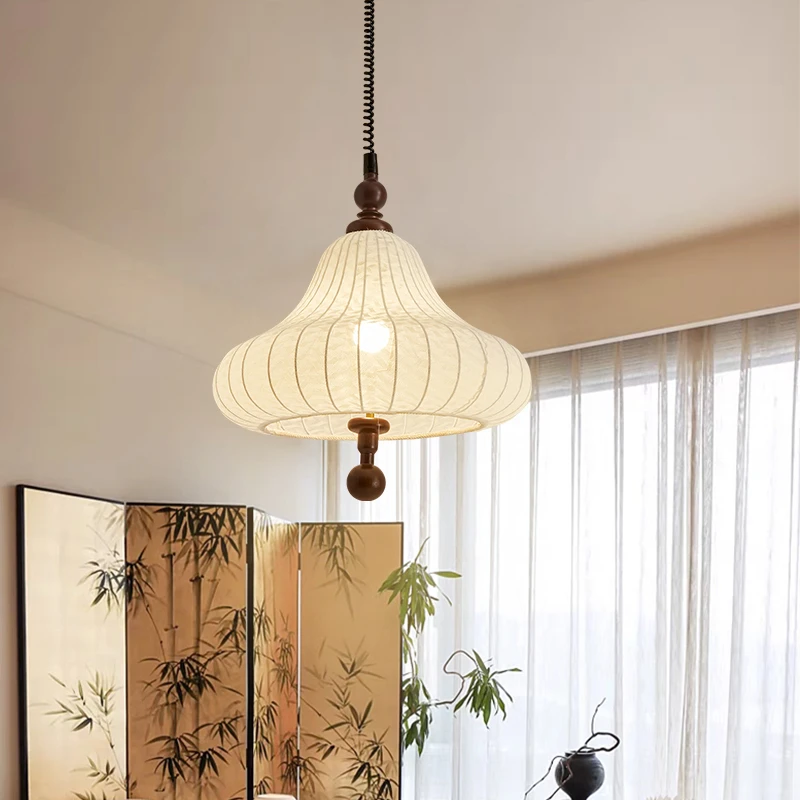 法式复古蚕丝布艺灯吊灯国风新中式禅意高级感餐厅吧台书房吊灯