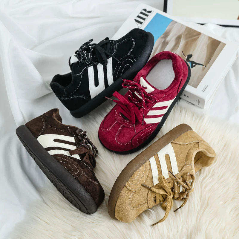 巫六七女鞋德训鞋2025秋冬绒面复古加绒保暖平底百搭学生休闲棉鞋