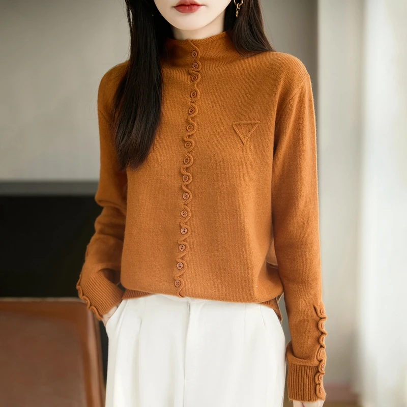 法式老钱风纽扣设计感针织套头衫女25秋冬新款保暖打底高端毛衣