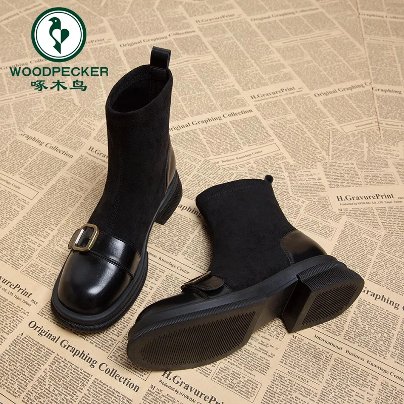 啄木鸟气质短靴女切尔西靴2025秋冬新款弹力瘦瘦靴袜靴棕色中筒靴
