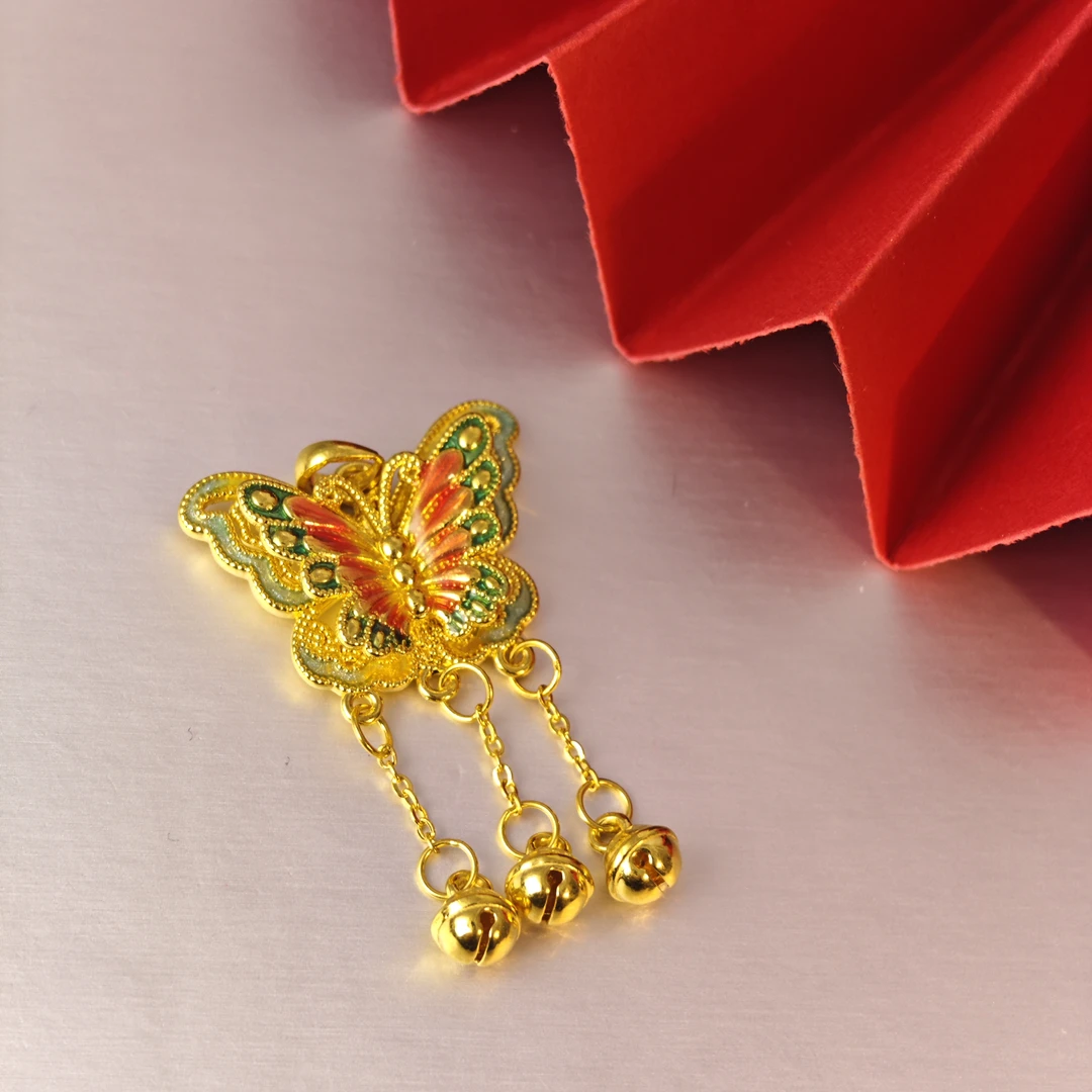 姐妹黄金 幽梦蝶生黄金花丝铃铛吊坠烧蓝古风超仙百搭