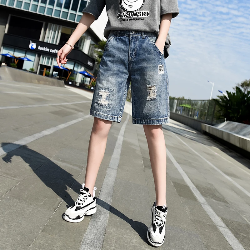 直筒牛仔短裤女2025秋季新款破洞宽松百搭显瘦新款大腿粗五分裤子